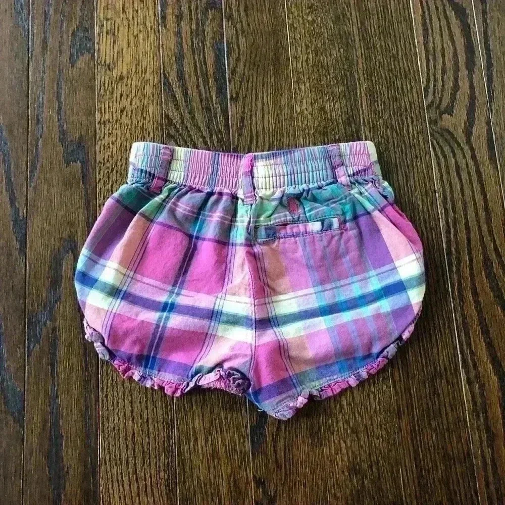 Ralph Lauren Girls 12M Pink/Blue Plaid Ruffled Hem Shorts - VGUC